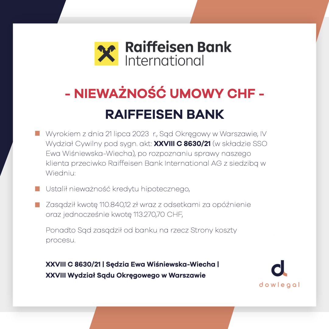 Kolejna wygrana z Bankiem Raiffeisen. Nieważność umowy z zasądzone wszystkie kwoty!